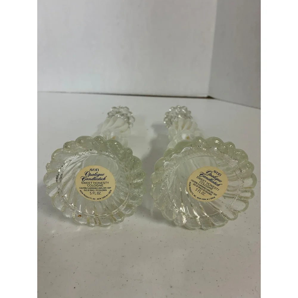 Vintage Avon Opalique Candlestick Sweet Honesty Cologne Glass Bottles Pair 9.5